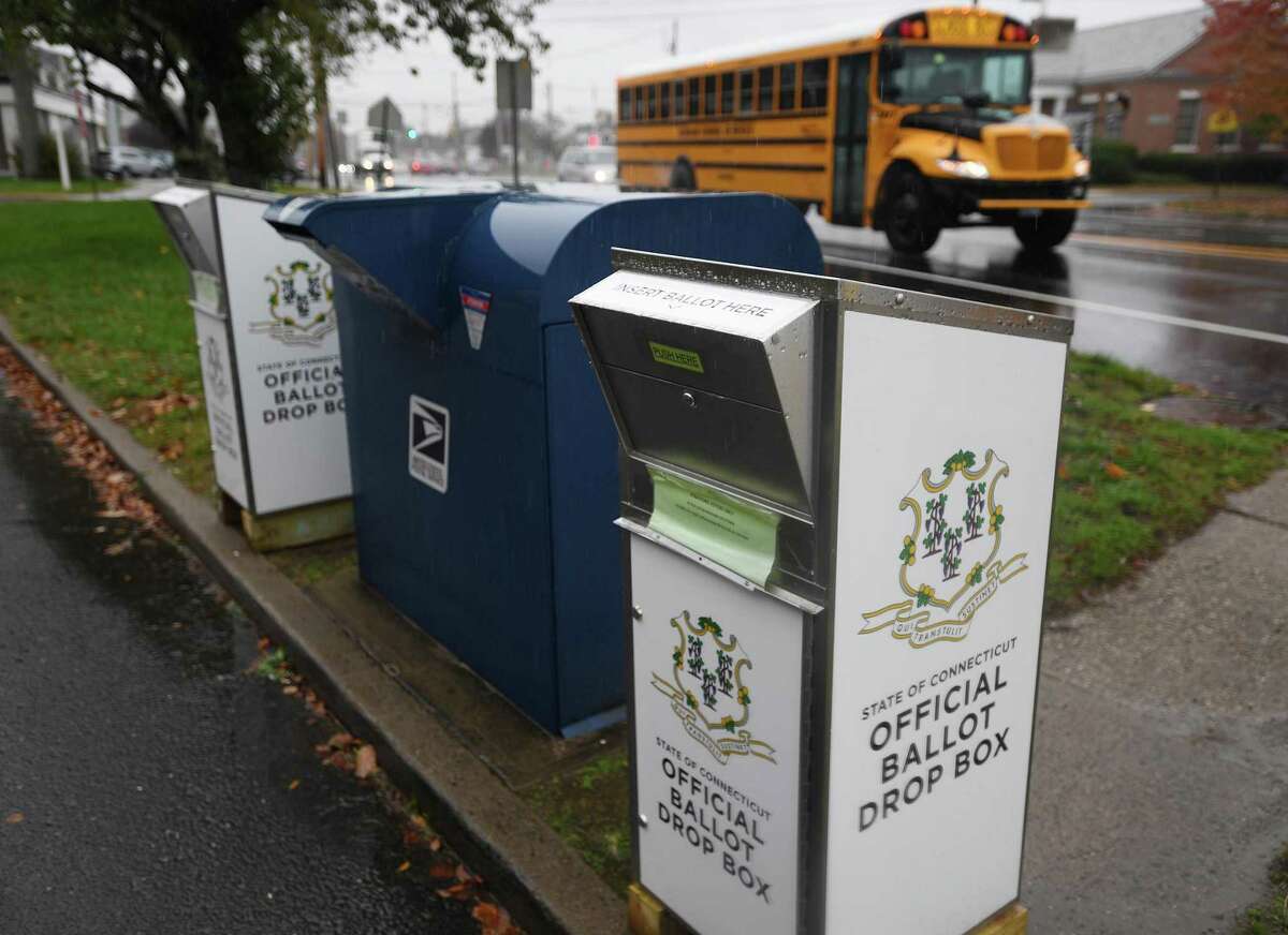 Ballot drop boxes outside Stratford Town Hall in Stratford, Conn. on Thursday, October 29, 2020.