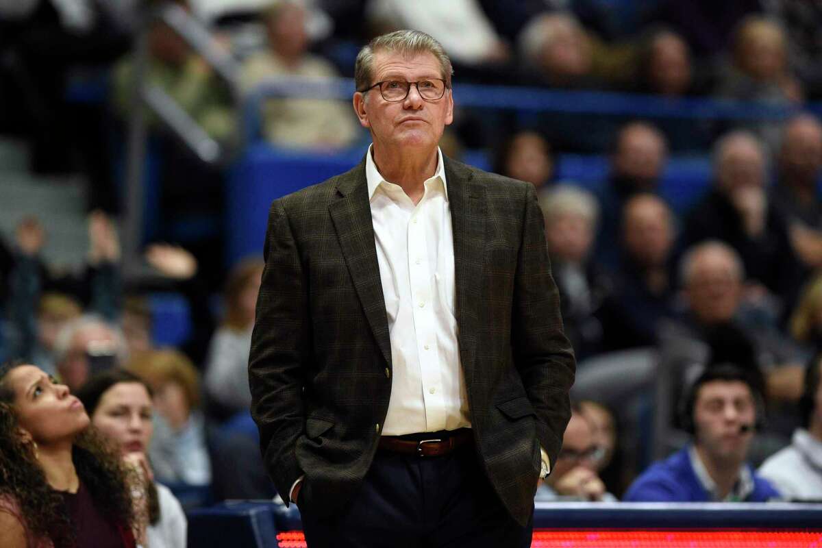 Connecticut coach Geno Auriemma watches play in the second half of the team's NCAA college basketball game against Wichita State, Thursday, Jan. 2, 2020, in Hartford, Conn. (AP Photo/Jessica Hill)