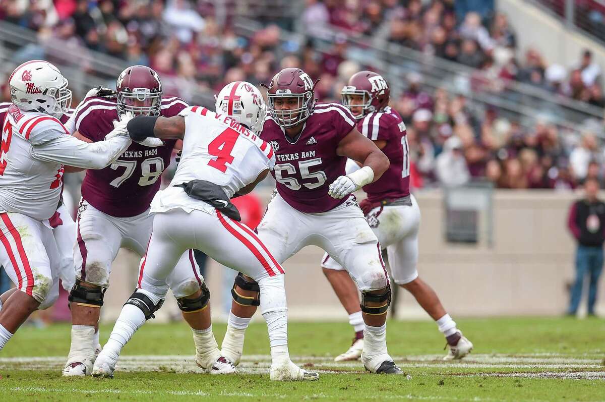 Senior left tackle Dan Moore Jr. (65) has made 31 starts, including one as a freshman, during his Texas A&M career.