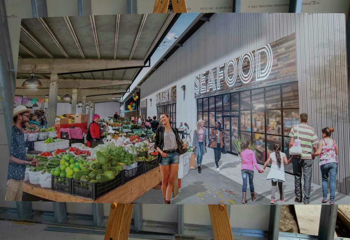 A rendering of the a section of the open air market and Building B of the Houston Farmers Market, which is being redeveloped, is photographed Friday, Oct. 30, 2020, in Houston. Building B will have R-C Ranch, an innovative butcher shop, Underbelly restaurant and otehr vendors.