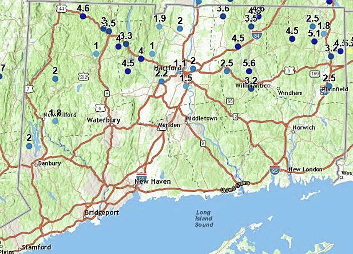 Most of the snow fell in the northern half of the state. With 5.6 inches, the town of Coventry in northeast Connecticut has the highest snowfall accumulation.