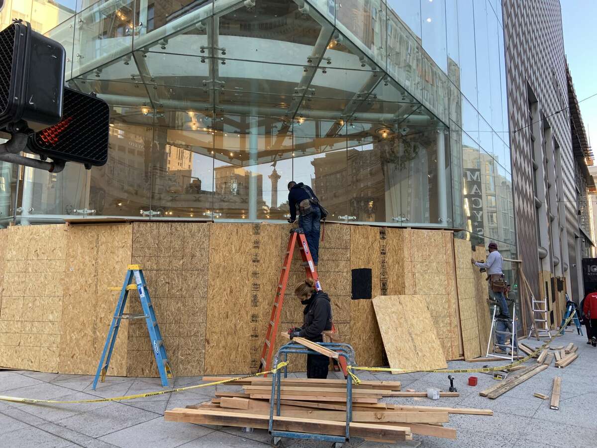 Neiman Marcus in San Francisco's Union Square was getting boarded up on Oct. 30, 2020, ahead of the election.