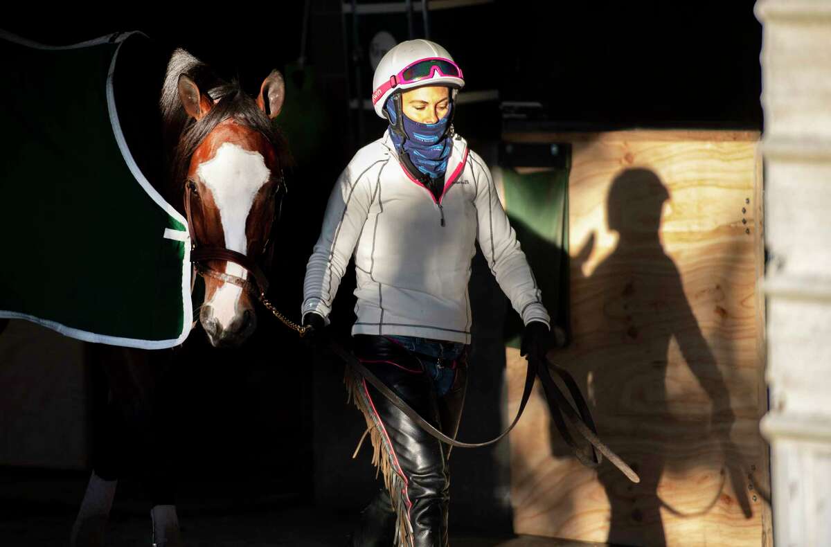 Breeders?• Cup entrant Tiz the Law cools out in the barn this morning with exercise rider Heather Smullen at his head after a successful breeze at Keeneland Race Course Oct. 31, 2020 in Lexington, KY. Photo Special to the Times Union by Skip Dickstein