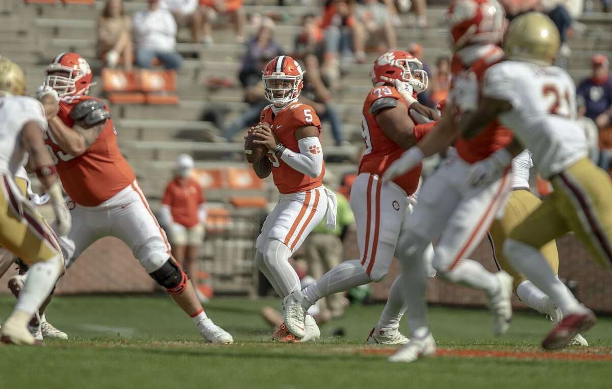 Clemson quarterback D.J. Uiagalelei, making his first start, drops back to pass against Boston College. Uiagalelei was 30-for-41 passing for 342 yards and two touchdowns and had a 30-yard third-quarter TD run.