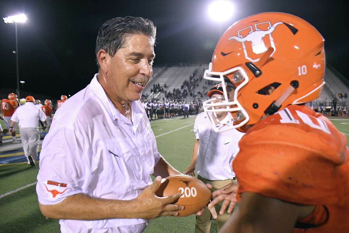 United head coach David Sanchez celebrates after earning his 200th career victory on Sept. 21, 2019. Sanchez became the winningest Hispanic head coach in Texas history when United beat United South last week.
