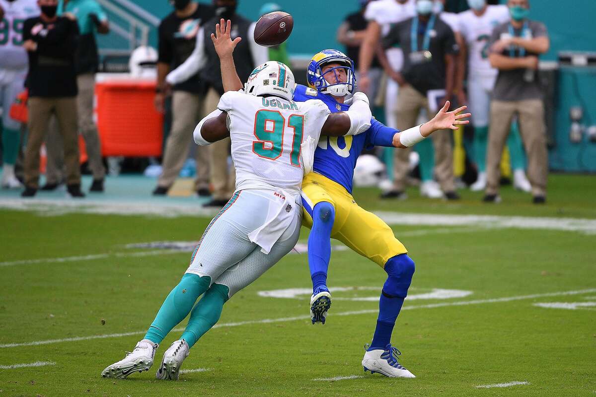 Rams QB Jared Goff fumbles on a hit from Emmanuel Ogbah during Miami's win at Hard Rock Stadium.