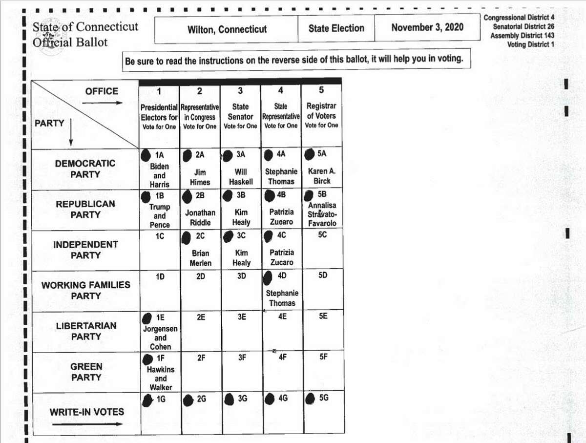 Sample ballot for Wilton Voting District 1 for the Nov. 3 election. Polling place: Wilton High School Field House, 395 Danbury Road. In addition to the presidential race, Voting District 1 includes races for the 143rd Assembly District, 26th State Senate, and 4th Congressional District.