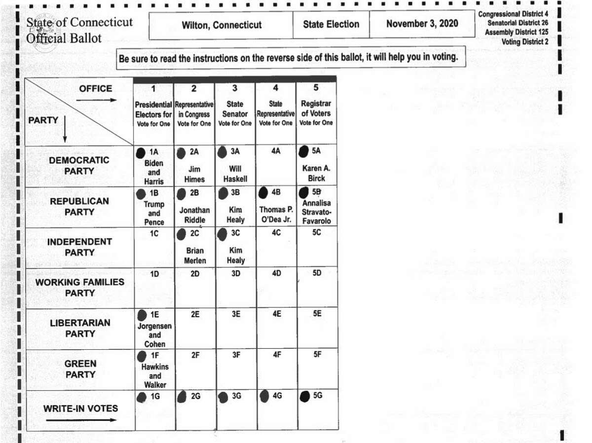 Sample ballot for Wilton Voting District 2 for the Nov. 3 election. Polling place: Cider Mill School Gym, 240 School Road. In addition to the presidential race, Voting District 2 includes races for 125th Assembly District, 26th State Senate, and 4th Congressional District.