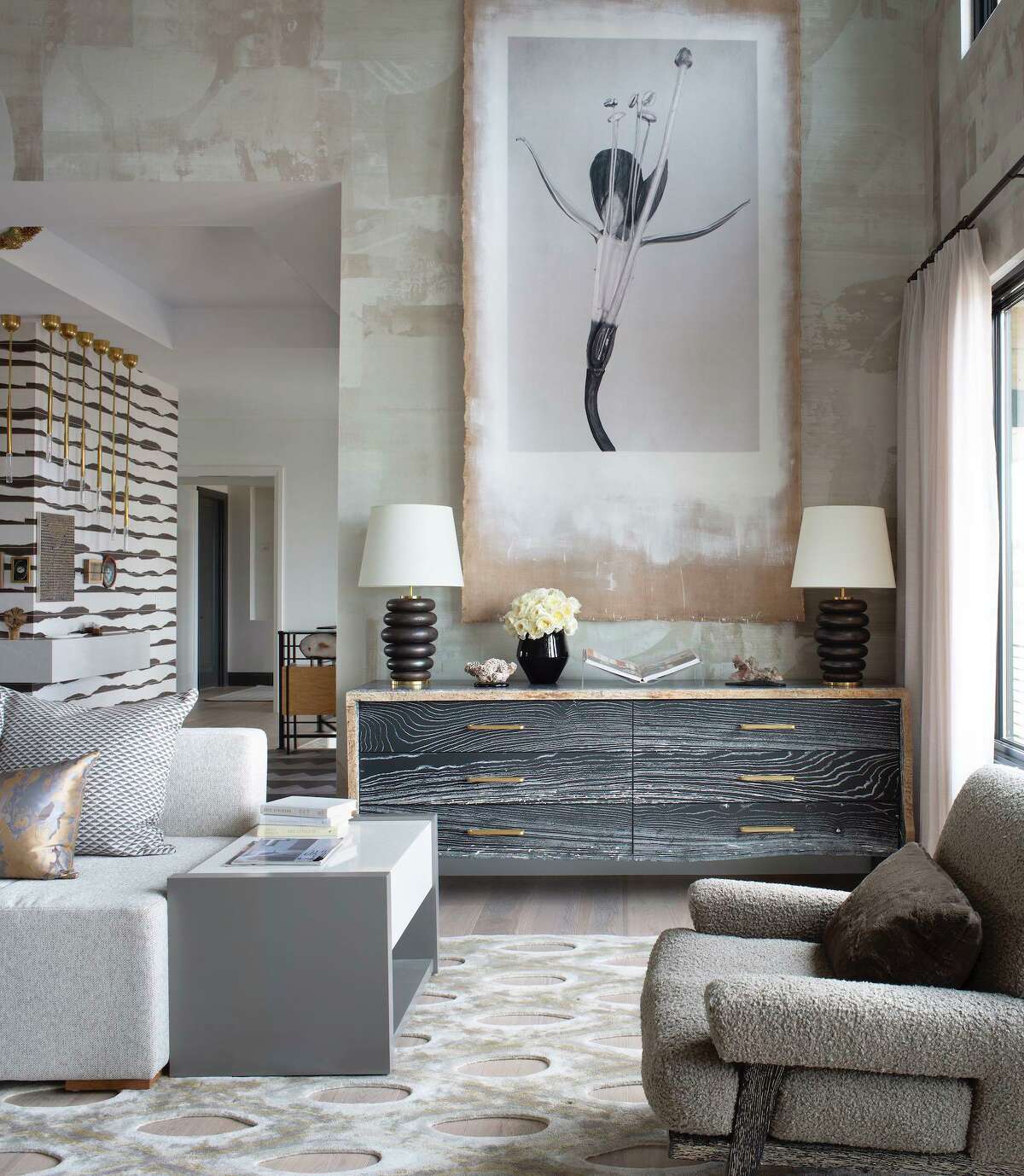 The large scale of Linarenos Moreno’s “Art Forms in Mechanism XXIV” makes it a dramatic focal point. The botanical print on burlap also adds texture to a room for House Beautiful’s Whole Home Concept House in Denver designed by Lucinda Loya with art consultant Lea Weingarten.