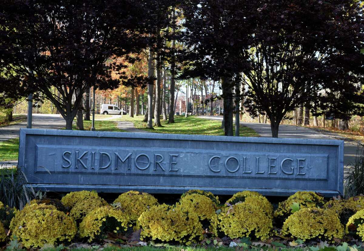 The North Broadway entrance to Skidmore College on Monday, Nov. 2, 2020, in Saratoga Springs, N.Y. Skidmore College suspended 46 students after they attended a party in violation of the college's COVID-19 rules. (Will Waldron/Times Union)