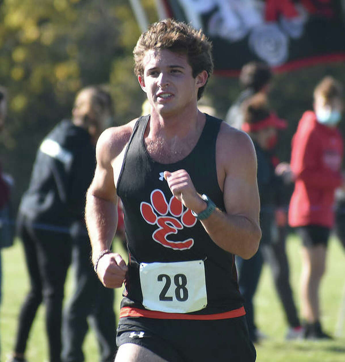 Edwardsville senior Drew Stover nears the finish line of the Class 3A Normal Community Sectional on Saturday.