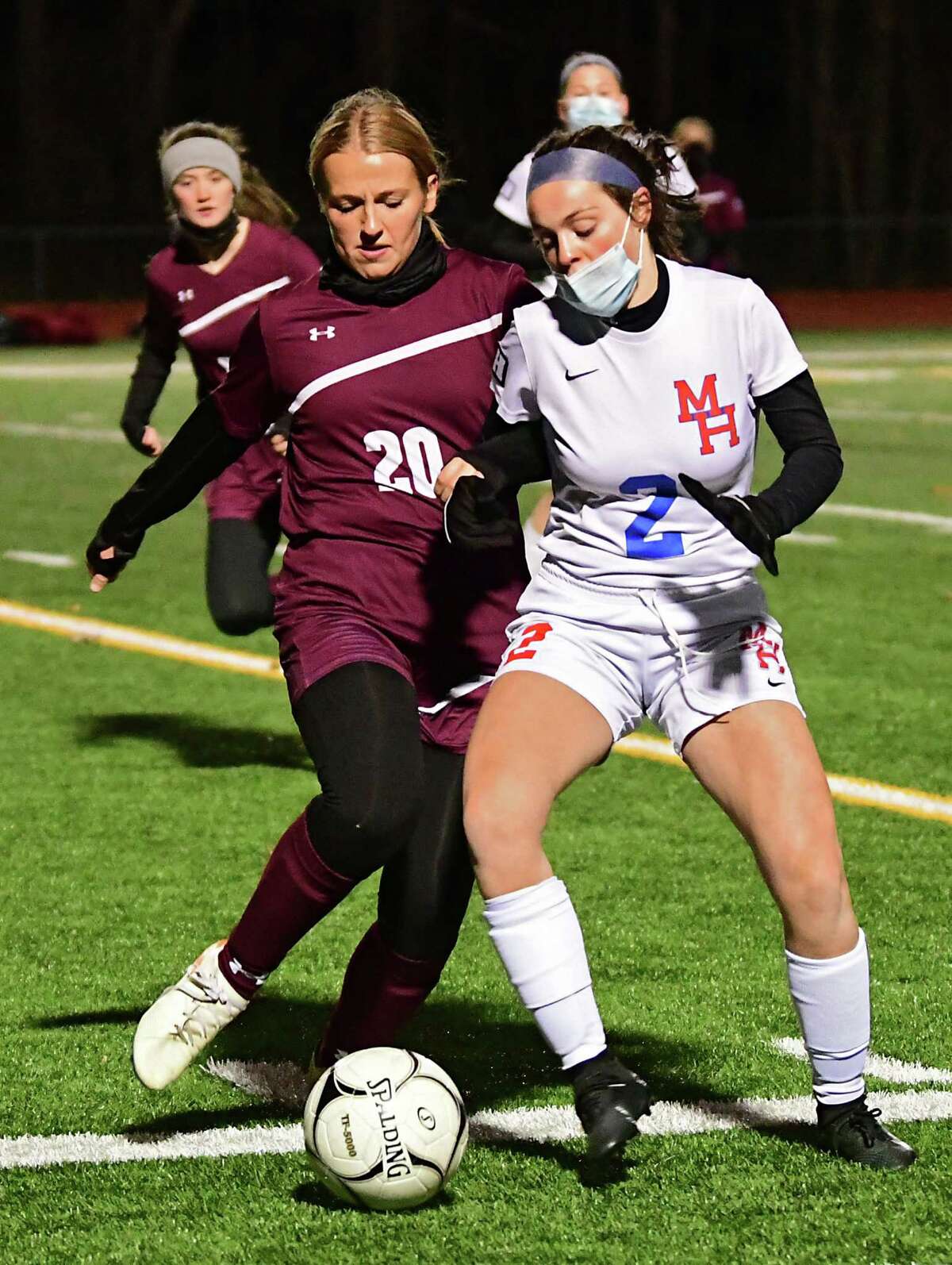 Greenville's Kaylee Burke, left, battles with Maple Hill's Isabella Thomas during the Patroon Conference girls' soccer title game on Monday, Nov. 2, 2020 in Craryville, N.Y. (Lori Van Buren/Times Union)