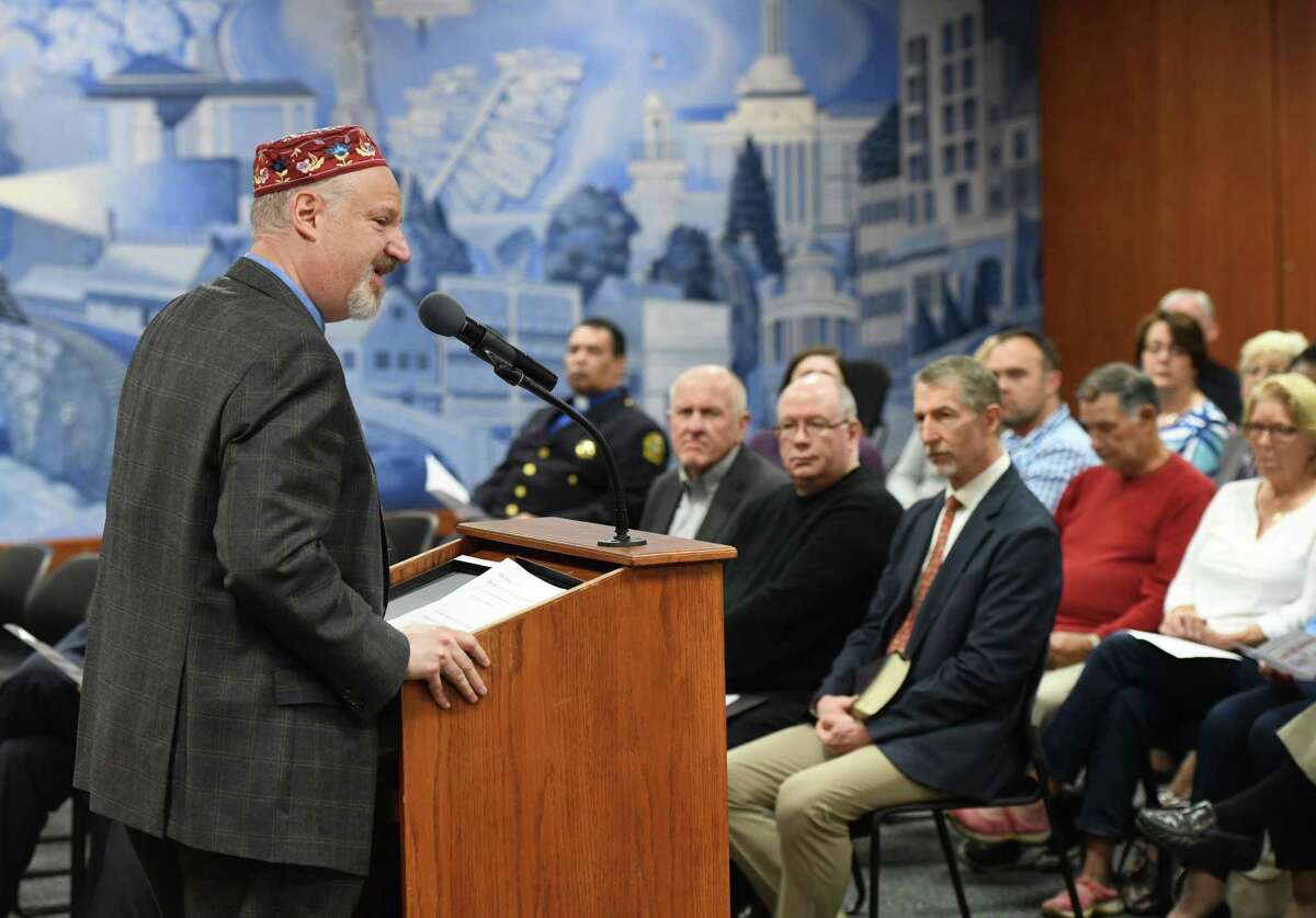Temple Sholom Rabbi Mitchell Hurvitz leads a prayer for education during the National Day of Prayer interfaith program at Town Hall in Greenwich, Conn. Thursday, May 2, 2019. The Town of Greenwich welcomed community religious leaders in a celebration of different religions through scripture readings and prayers for the nation, education, military, government, family, business and media under the theme "love one another."