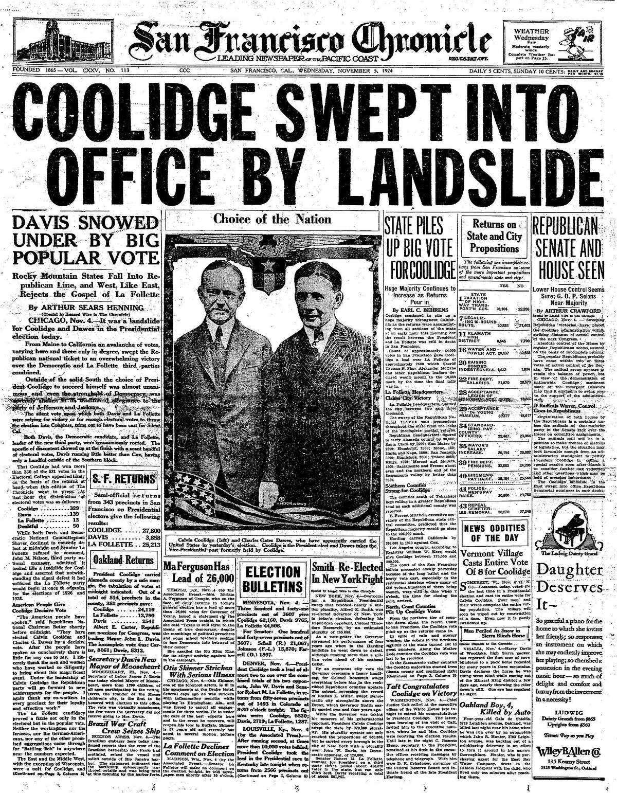 Calvin Coolidge won the 1924 presidential election in a landslide, but in San Francisco third-party candidate Robert La Follette of the Progressive Party would do well, finishing second far ahead of Democratic candidate