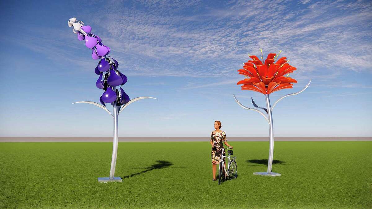 Artist Leticia Huerta is at work on a series of flower installations for parks across the city similar to “”Bloom, which is at McAllister Park. This rendering is for pieces she is planning for the Brazos Pocket Park, slated to be installed in May.
