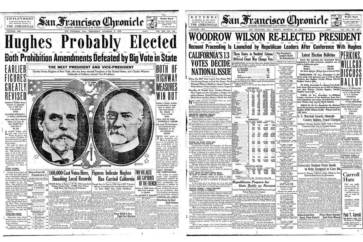 《纪事报》在1916年11月8日的报纸上宣布查尔斯·休斯“很可能”赢得了总统大选，但在更多的选票被统计后，头版的情况发生了很大的变化。