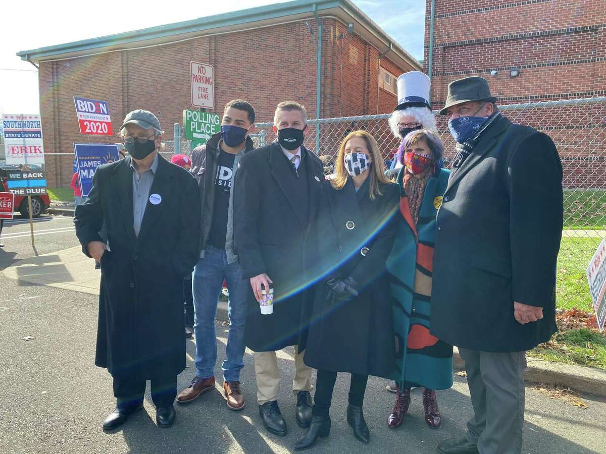 State Sen. James Maroney, Lt. Gov . Susan Bysiewicz and others outside of Harborside Middle School in Milford on Election Day.