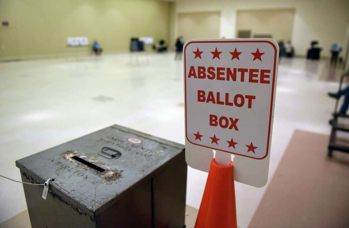 An absentee ballot box is posted at the Saratoga Springs City Center polling station on Tuesday, Nov. 3, 2020, on Broadway in Saratoga Springs, N.Y. (Will Waldron/Times Union)