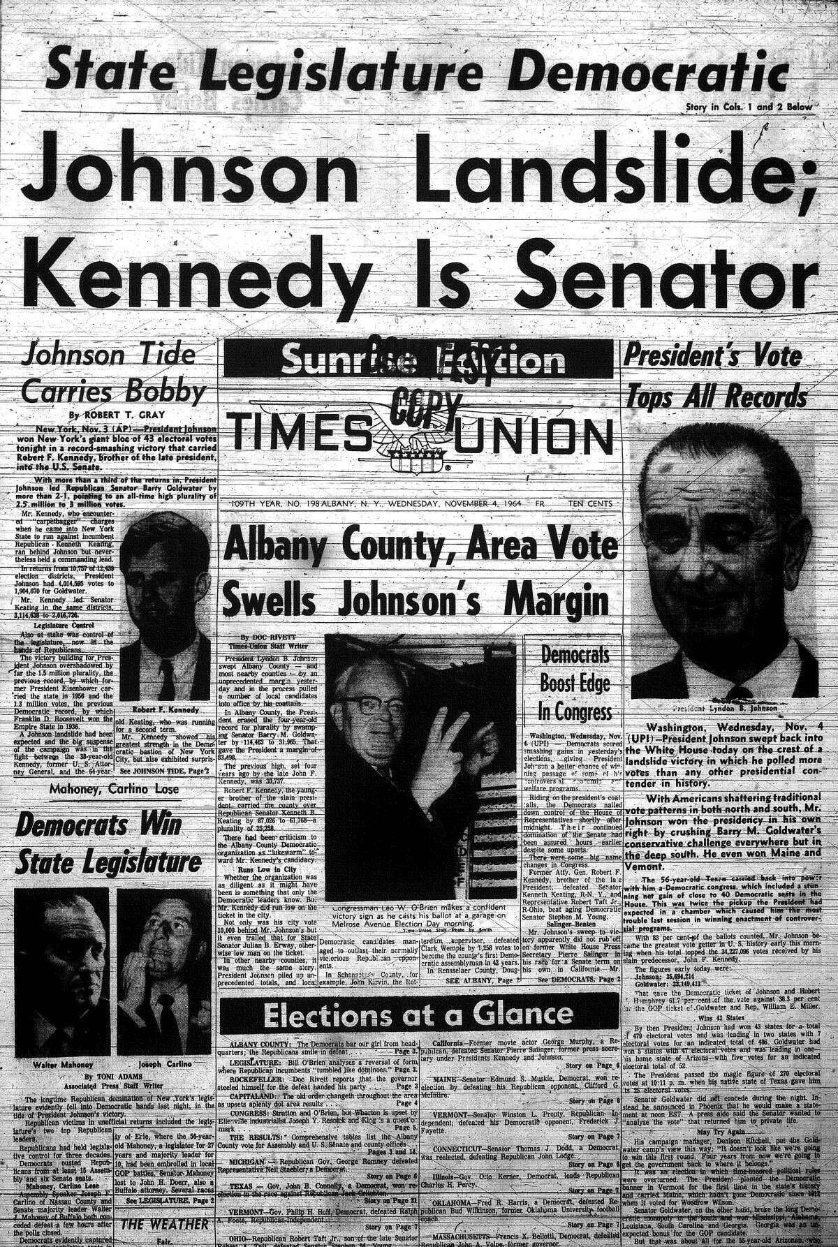 "Johnson landslide; Kennedy is senator"