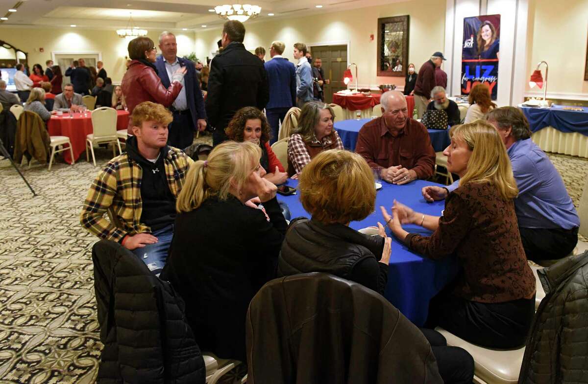 Supporters talk to each other as they wait for election results to roll in during a Liz Joy for Congress Watch Party on election day at the River Stone Manor on Tuesday, Nov. 3, 2020 in Schenectady, N.Y. Joy is the Republican challenger to incumbent Democratic Congressman Paul Tonko. (Lori Van Buren/Times Union)