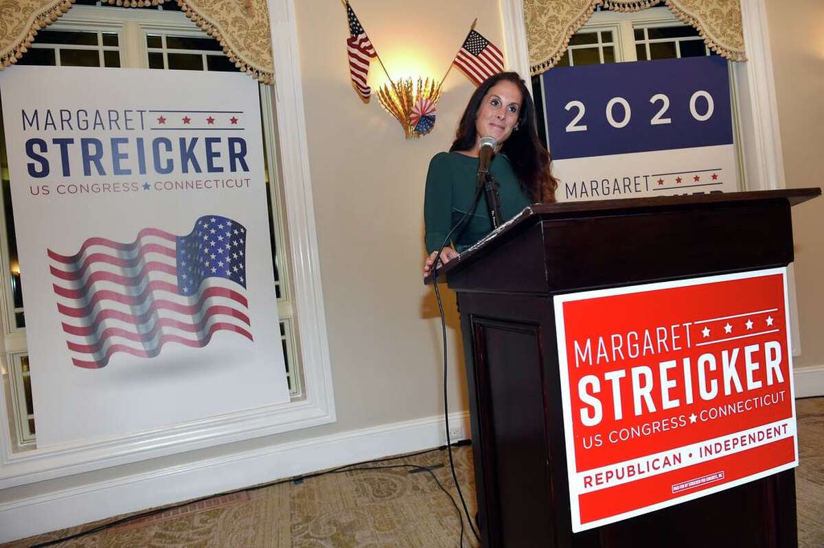 Margaret Streicker, Republican 3rd District candidate, announces partial results to supporters at Monty's River Grille at the Great River Golf Club in Milford on November 3, 2020.