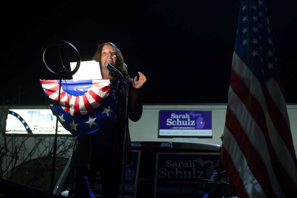 Sarah Schulz, a candidate for Michigan's 98th House of Representatives district, addresses the crowd as Midland County democrats gather for an Election Night rally Tuesday, Nov. 3, 2020 at the Midland County Democratic Party headquarters. (Katy Kildee/kkildee@mdn.net)