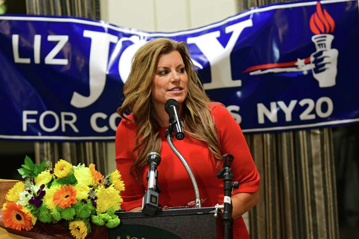 Liz Joy speaks to her supporters at the podium during a Liz Joy for Congress Watch Party on election day at the River Stone Manor on Tuesday, Nov. 3, 2020 in Schenectady, N.Y. Joy is the Republican challenger to incumbent Democratic Congressman Paul Tonko. (Lori Van Buren/Times Union)