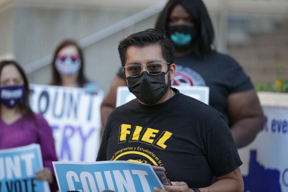 Cesar Espinosa, Executive Director FIEL Houston Inc, joined voters, non-voters, and protectors of democracy, to make public statements in response to on-going election procedures at a press conference in front of the Harris County Clerkâs Office Wednesday, Nov. 4, 2020, in Houston.