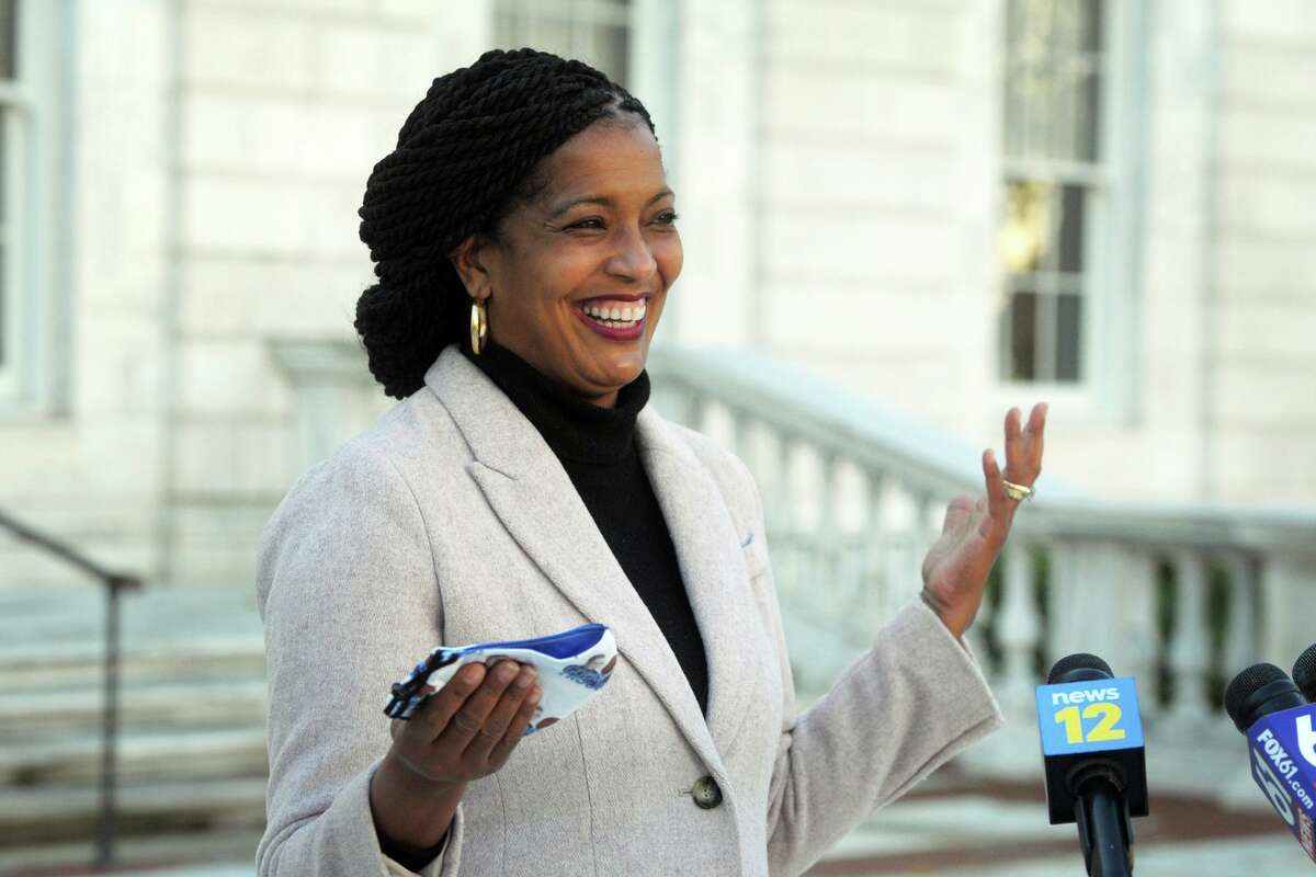 U.S. Rep. Jahana Hayes speaks at a news conference in front of City Hall in Waterbury, Conn. Nov. 4, 2020.