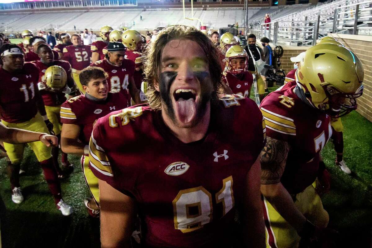 CHESTNUT HILL, MA - SEPTEMBER 26: Spencer Witter #81 of the Boston College Eagles runs onto the field as he celebrates a victory against the Texas State Bobcats at Alumni Stadium on September 26, 2020 in Chestnut Hill, Massachusetts. (Photo by Billie Weiss/Getty Images)