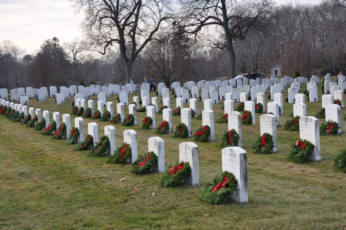 Wreaths in Spring Grove Veterans' Cemetery in Darien, placed as part of Wreaths Across America
