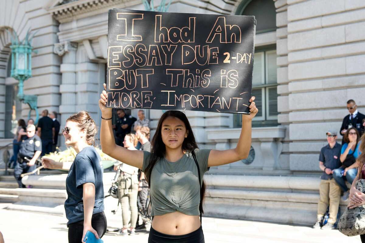 A Bay Area teen marches in a climate protest in San Francisco on Friday, Sept. 20, 2019.