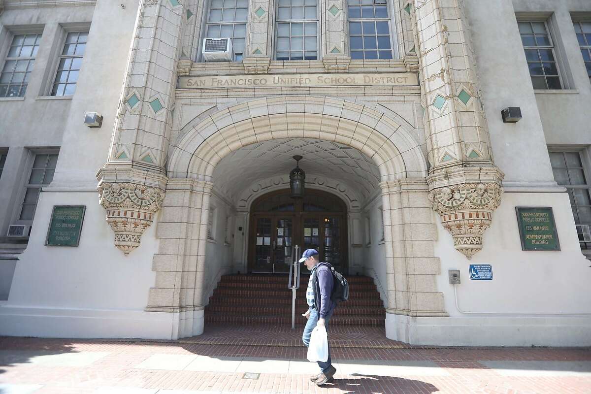 FILE: The exterior of the San Francisco Unified School District offices on Friday, March 13, 2020.