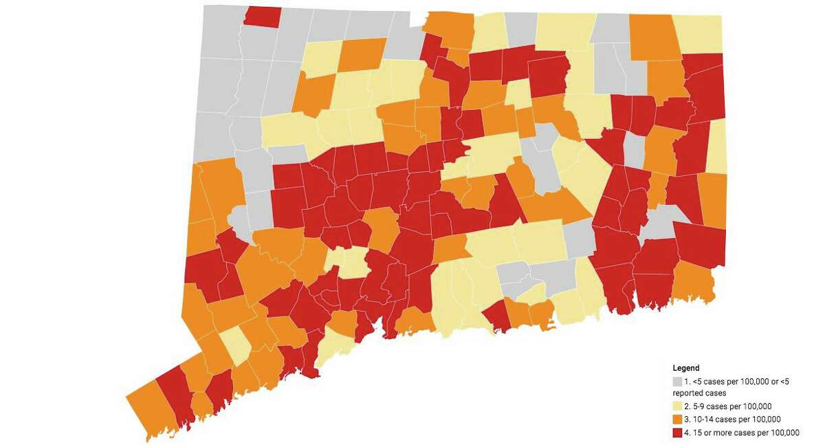 This map shows the various colored alerts issued to towns across Connecticut on Nov. 6, 2020. Wilton is now under “orange alert” with more than 13 cases per day per 100,000 population.
