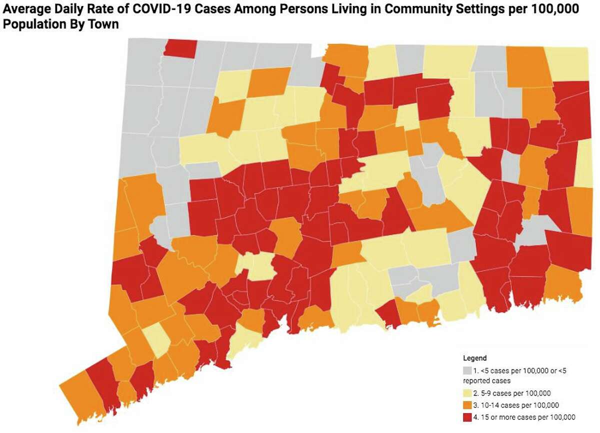 This map shows the average daily rate of new cases of COVID-19 by town during the past two weeks. Only cases among persons living in community settings are included in this map; the map does not include cases among people who reside in nursing home, assisted living, or correctional facilities.