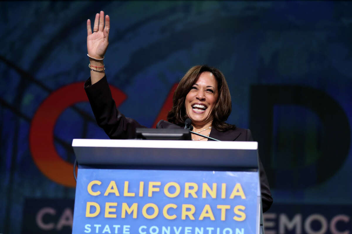 Democratic presidential candidate U.S. Sen. Kamala Harris, D-Calif., acknowledges the crowd as she speaks during Day 2 of the California Democratic Party Convention at the Moscone Convention Center in San Francisco, Calif., on Saturday, June 1, 2019.