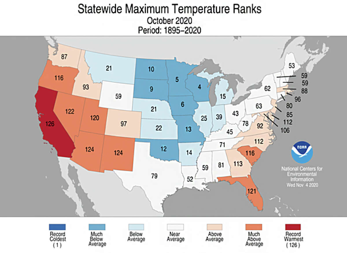This map shows average U.S. temperature ranks for October 2020.
