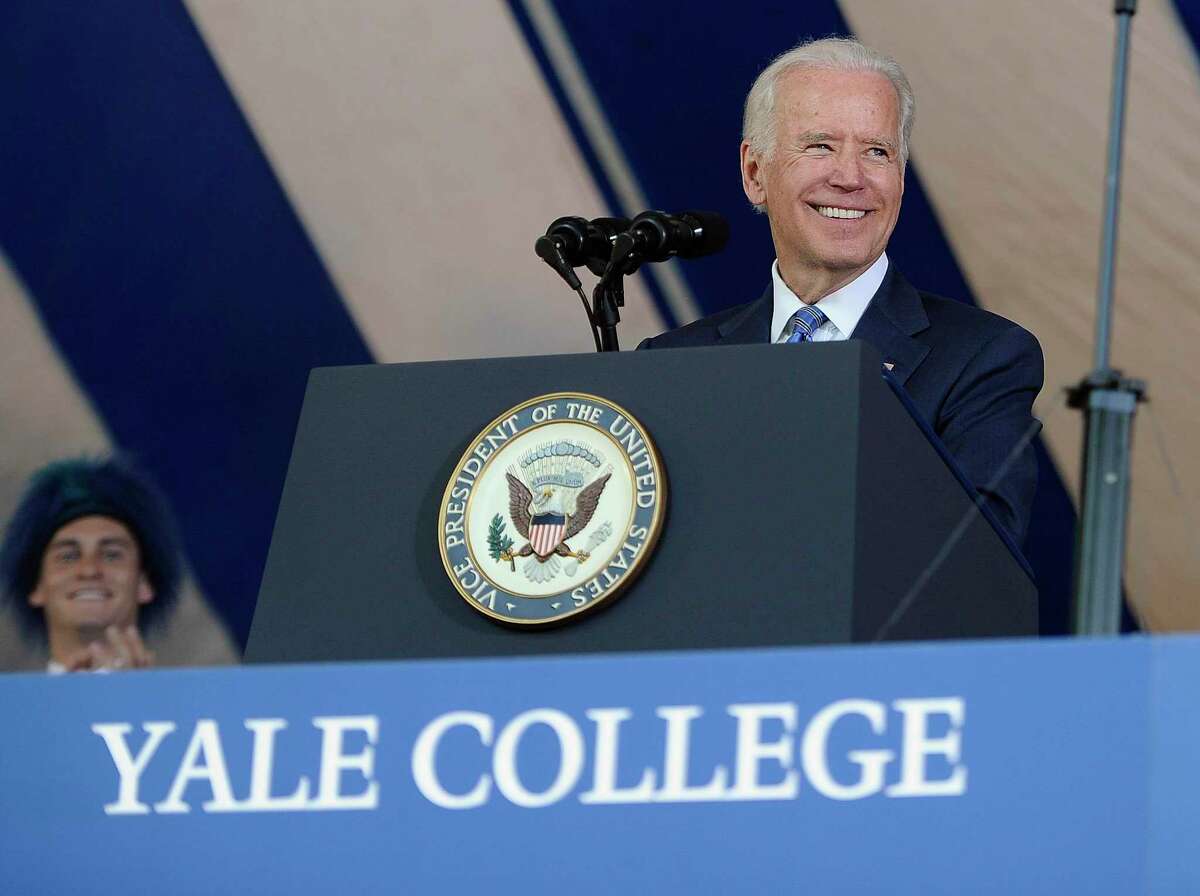 Vice President Joe Biden delivers the Class Day Address at Yale University, Sunday, May 17, 2015, in New Haven, Conn. Biden urged graduating students to question the judgment of others, but not their motives to build consensus. (AP Photo/Jessica Hill)