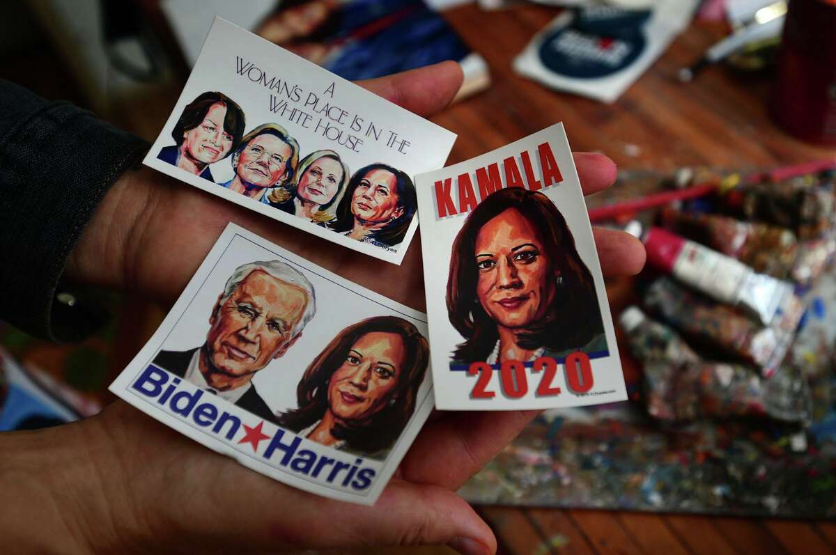 Norwalk artist Tina Dureya in her home studio Friday, November 6, 2020, in Norwalk, Conn. Dureya is also a Democratic Town Committee member who created Sheroes, a series of artwork inspired by women in politics. Dureya has supported Sen. Kamala Harris since she announced her presidential run and consequently, former Vice President Joe Biden.
