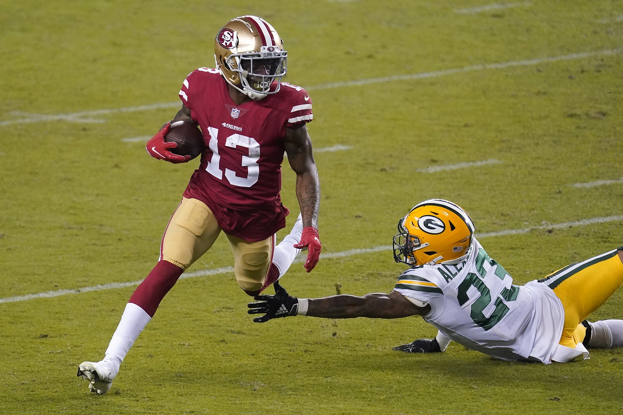 San Francisco 49ers wide receiver Richie James (13) reacts after