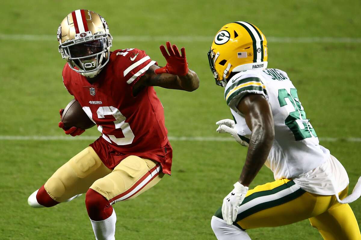 San Francisco 49ers wide receiver Richie James (13) reacts after