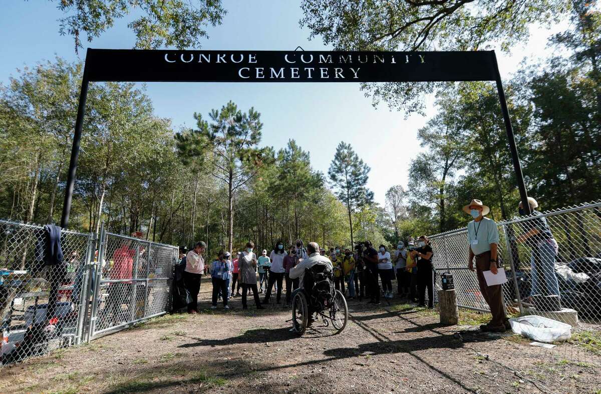 speaks during a sign dedication for the Conroe Community Cemetery, Saturday, Nov. 7, 2020, in Conroe. The Conroe Community Cemetery Restoration Project has lead efforts to restore the site, which dates back to the 1890s and includes emancipated slaves, railroad workers, saw mill workers and the only confirmed Buffalo Solider buried in Montgomery County.