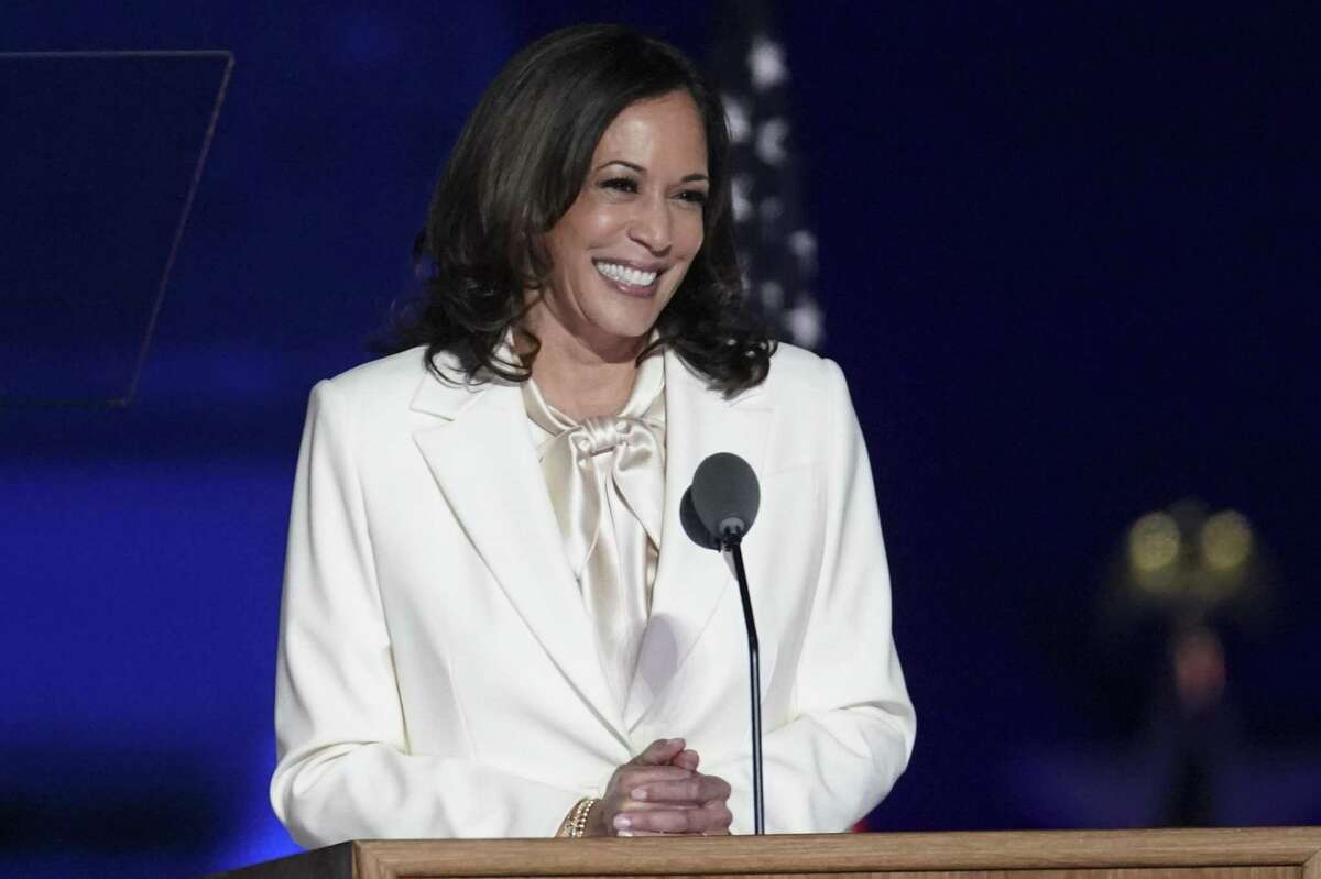 U.S. Vice President-elect Kamala Harris smiles while speaking during an election event in Wilmington, Delaware.