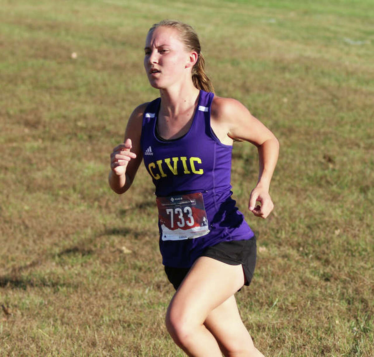 Civic Memorial’s Hannah Meiser, shown nearing the finish in the MVC Meet on Oct. 13 at Mascoutah, finished her sophomore season Saturday running in the ShaZam 2020 High School XC Championships.