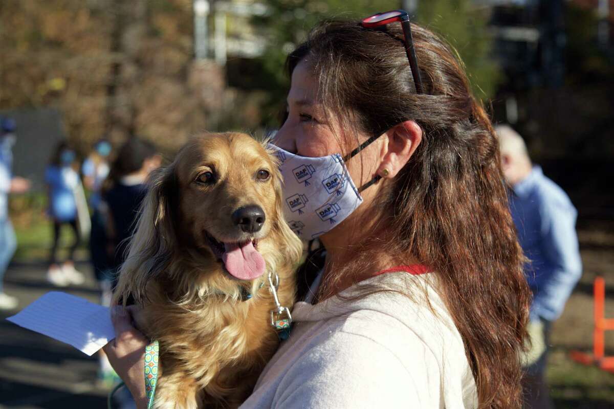 Carol Glassmeyer of Darien and her dog Puddle at The Darien Depot Dog Show on Sunday, Nov. 8, 2020. "We aren't able to do a lot of our other events that give us a lot of money, so this is one of the substitutions," explained Maya Patrosz, 16, of Darien, noting the generosity of several local sponsors, including Darien's Joy Food Company. "I thought it was a really fun idea (and) dogs are always fun," she said. Canines competed for agility, speed, beauty and treat eating.