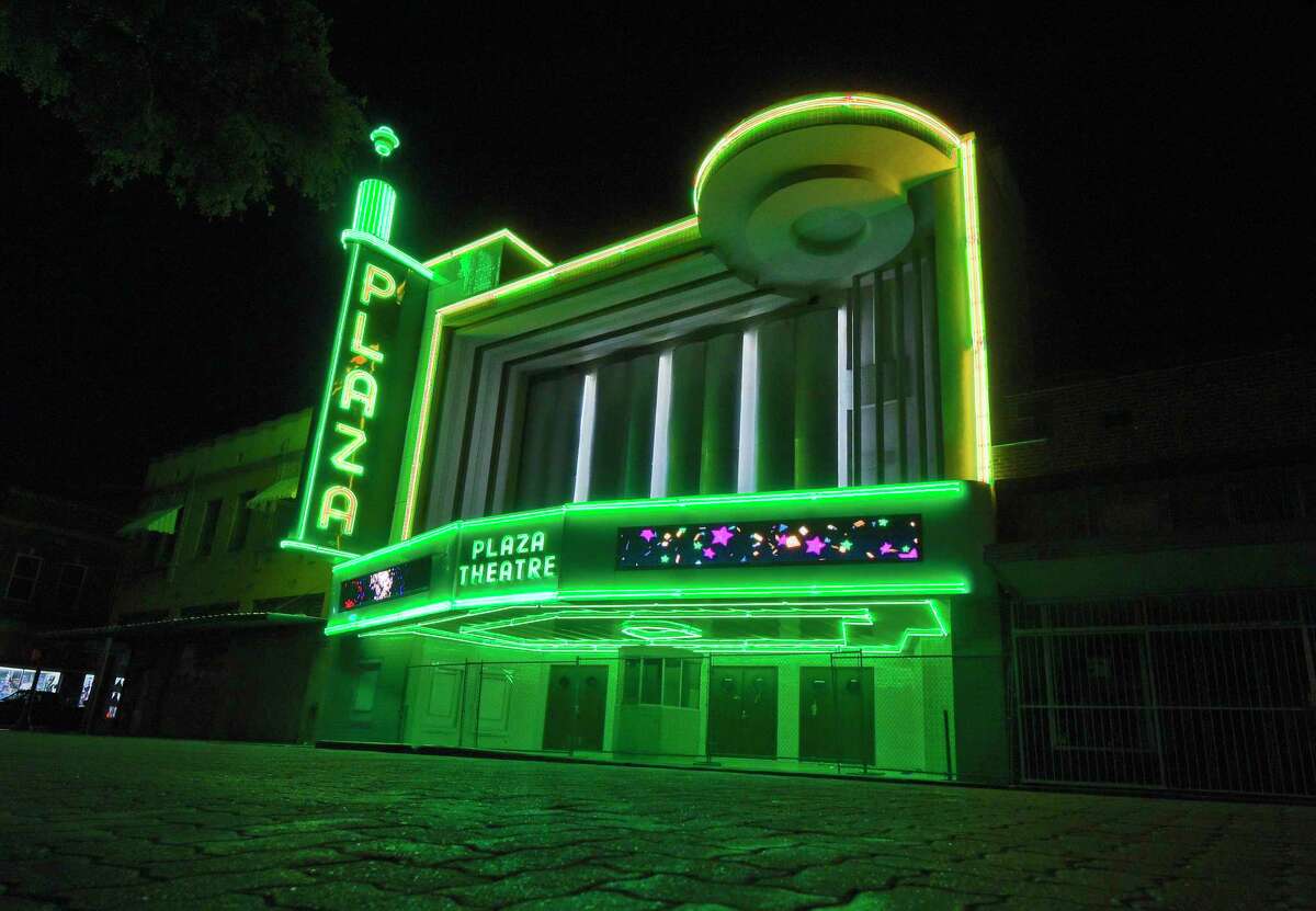 The Plaza Theater shines bright after missing and broken neon lights are replaced, June 14, 2019, in downtown Laredo.
