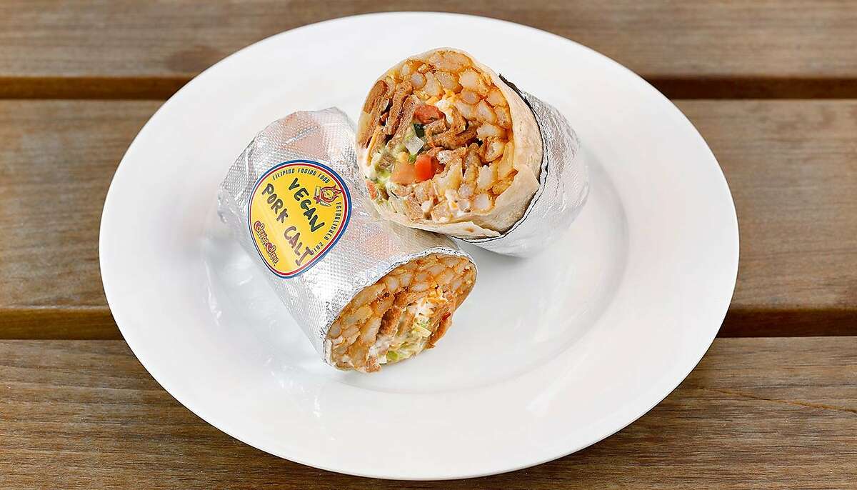 The vegan California Sisig Burrito at Señor Sisig Vegano, the new food truck. The meat in the burrito is soy-based.