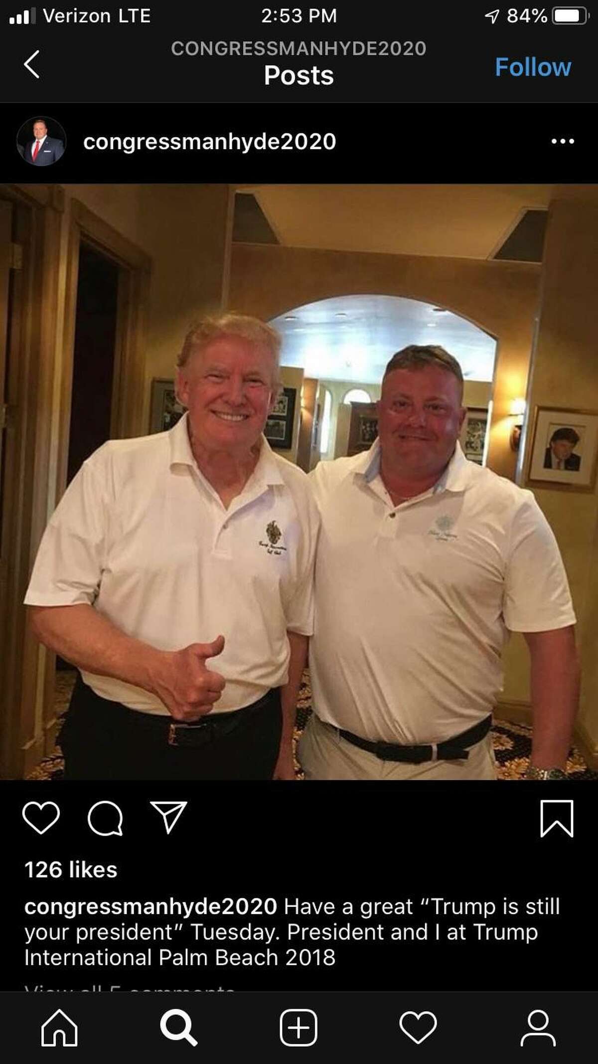 Robert Hyde (right), a Republican candidate for Congress in Connecticut's 5th District, posted this photo of himself with President Donald Trump at Trump International Golf Club West Palm Beach in West Palm Beach, Florida in 2018, on his campaign Instagram.