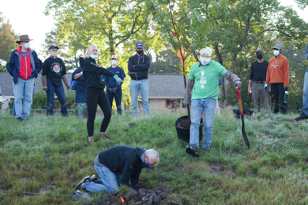 Lisa Martinez, Allen Brown and Chatt Smith demonstrate the procedure for planting a tree.