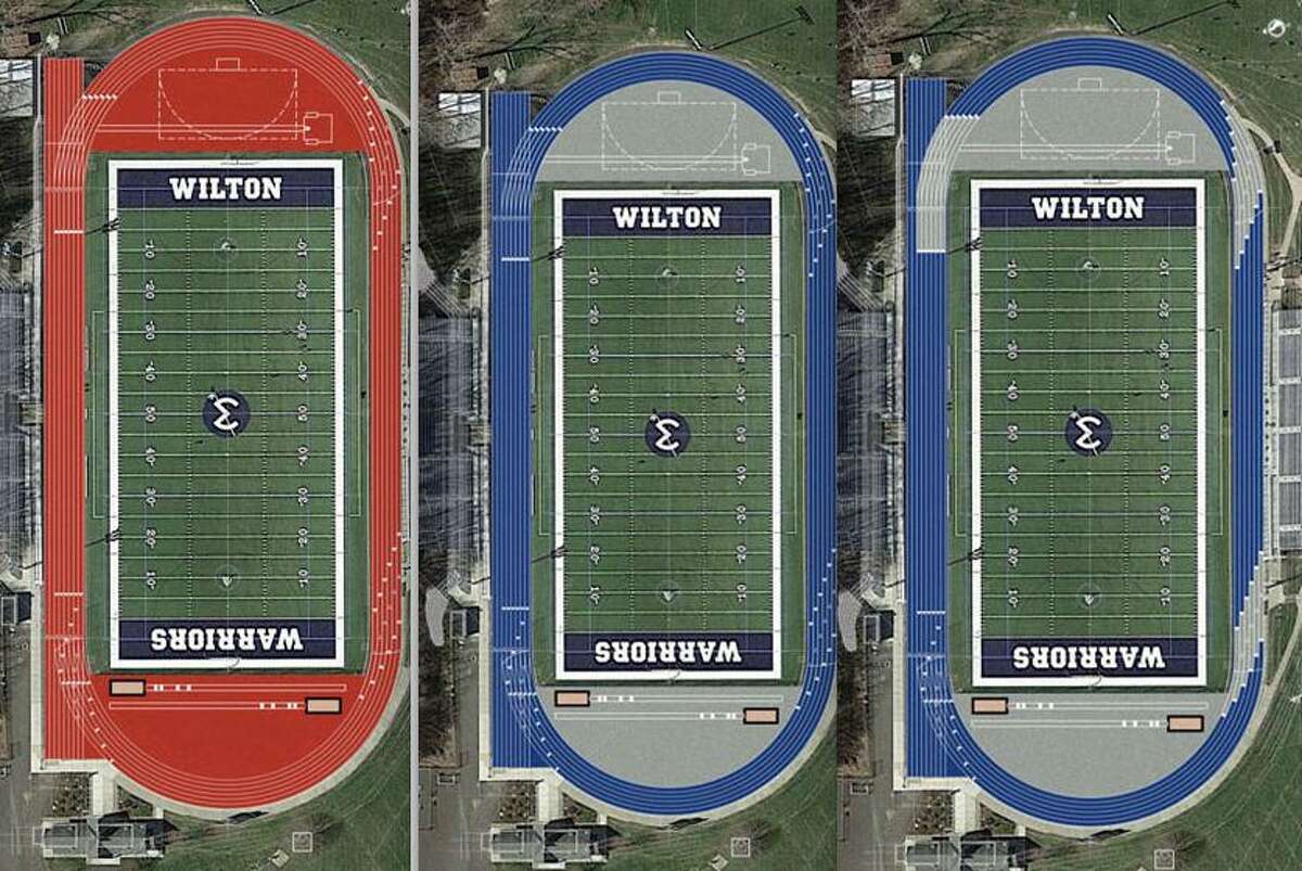 Colors proposed for a new Beynon 300 stadium track at Wilton High School include red, blue, and blue with gray exchange lines.